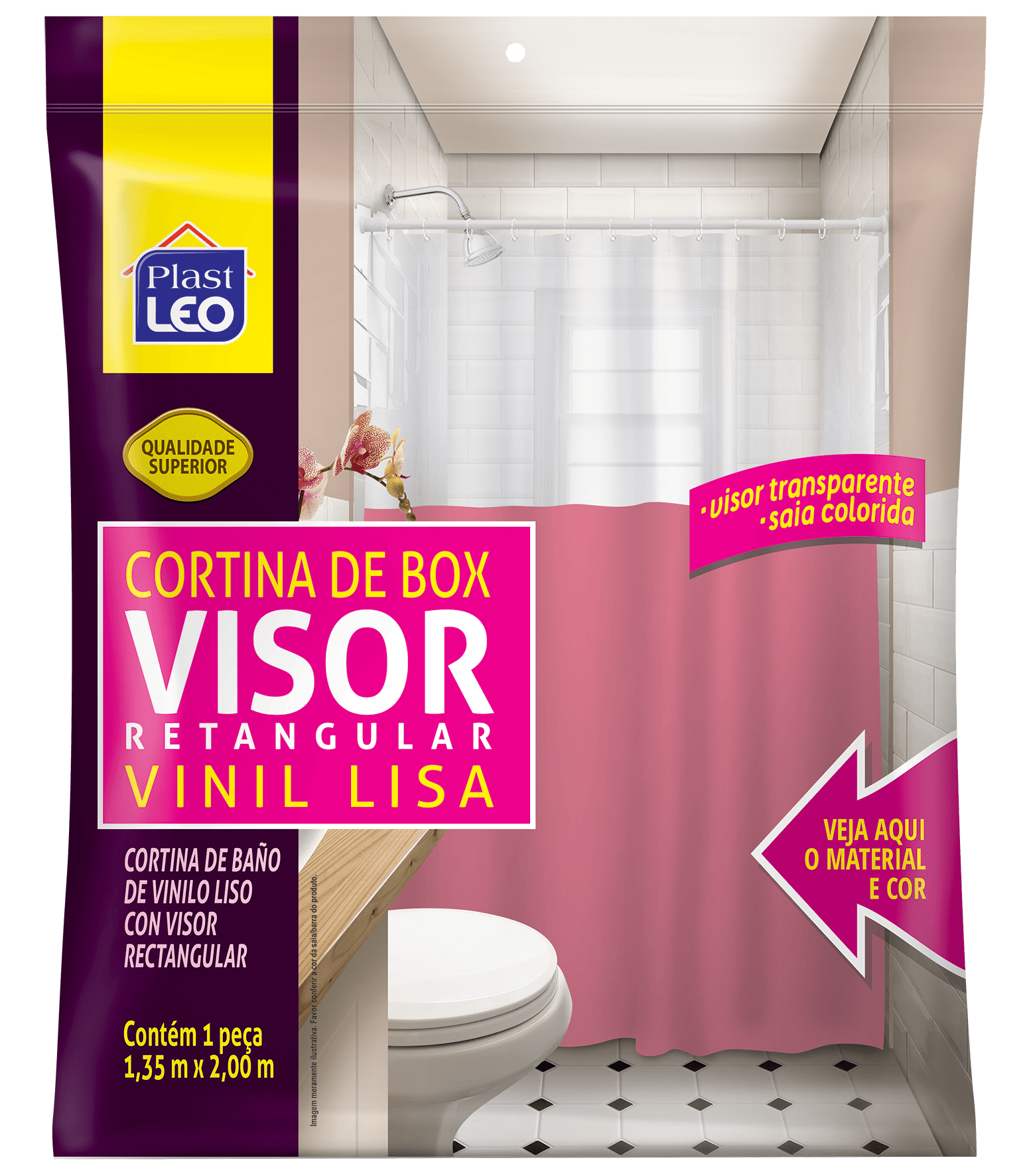 Cortina de Box Vinil com Visor Retangular Transparente e Saia Lisa - Lilás