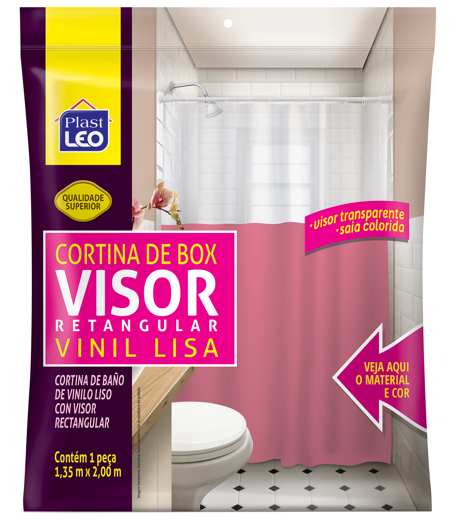 Cortina de Box Vinil com Visor Retangular Transparente e Saia Lisa - Bege