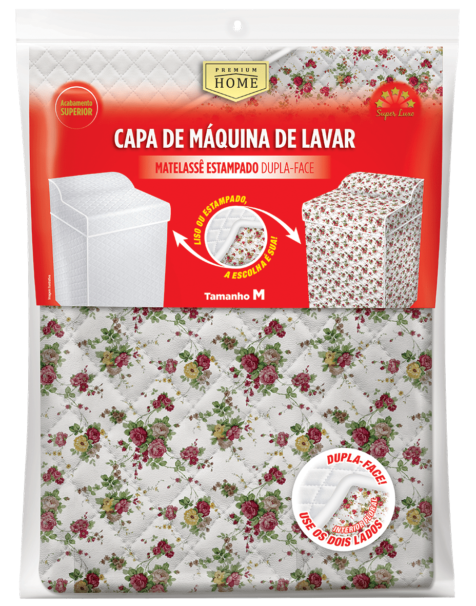 Capa para Máquina de Lavar Roupas Matelassê Dupla Face Estampada - tam. G bege/xadrez, branca/floral, cinza/geométrica