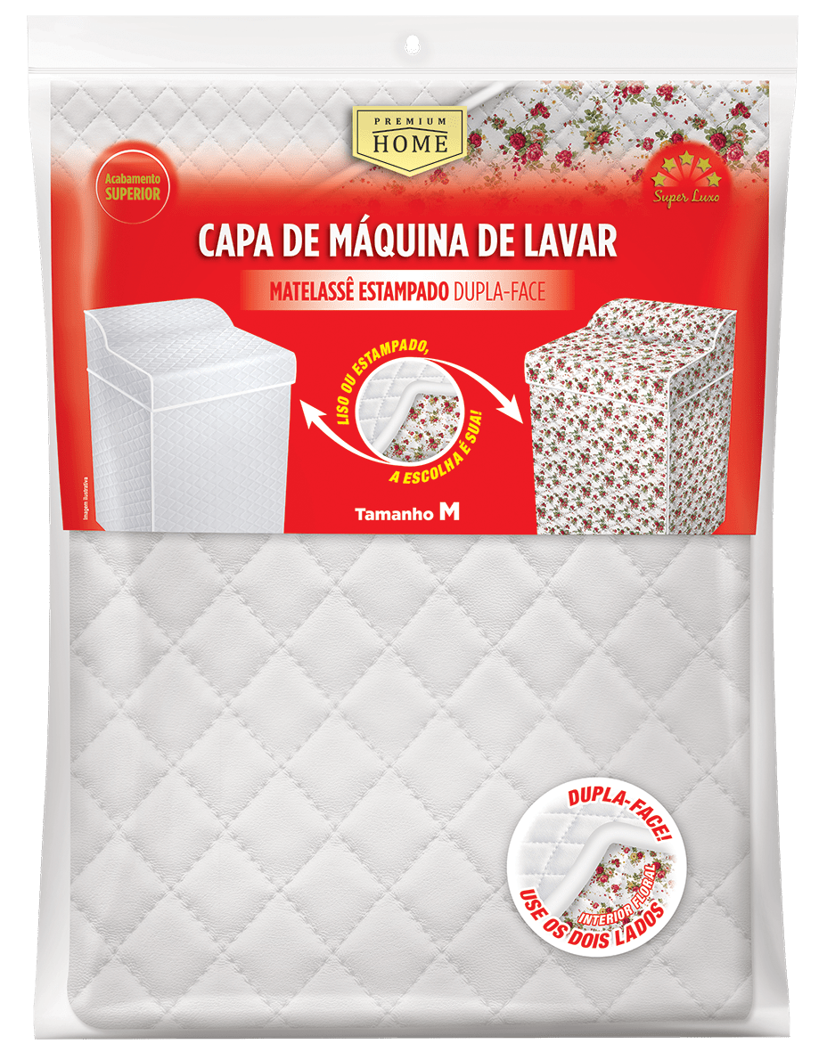 Capa para Máquina de Lavar Roupas Matelassê Dupla Face Estampada - tam. M bege/xadrez, branca/floral, cinza/geométrica