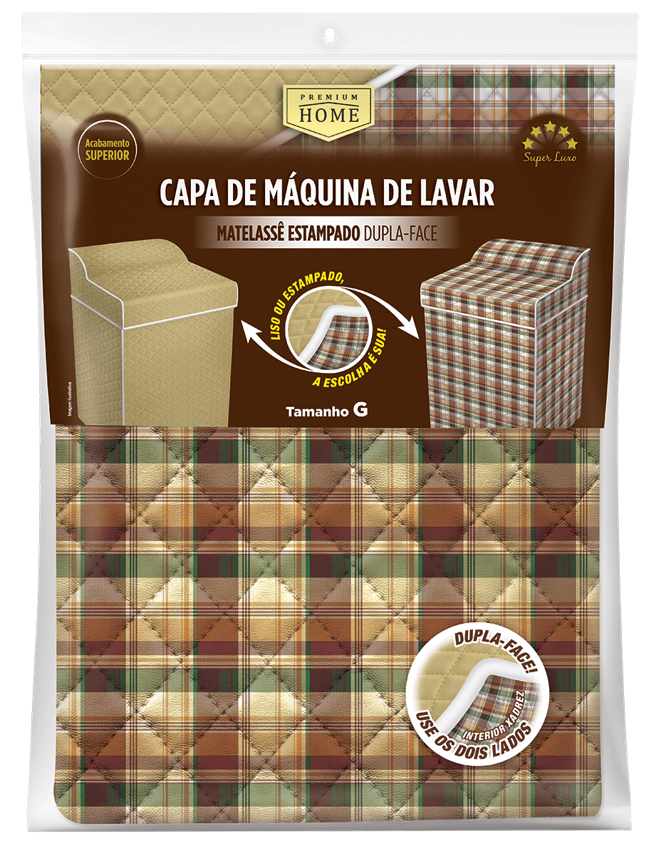 Capa para Máquina de Lavar Roupas Matelassê Dupla Face Estampada - tam. P bege/xadrez, branca/floral, cinza/geométrica